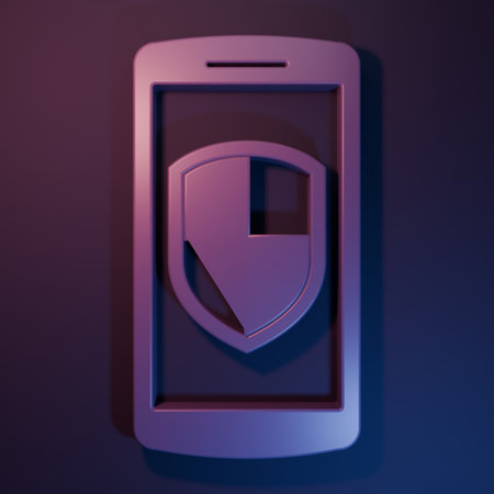 Purple Smartphone, mobile phone with security shield icon isolated on purple-blue background....