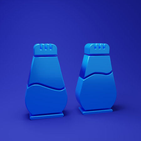 Blue Salt and pepper icon isolated on blue background. Cooking spices. Minimalism concept. 3D render illustration.の写真素材