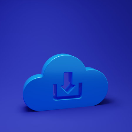Blue Cloud download icon isolated on blue background. Minimalism concept. 3D render illustration.の写真素材