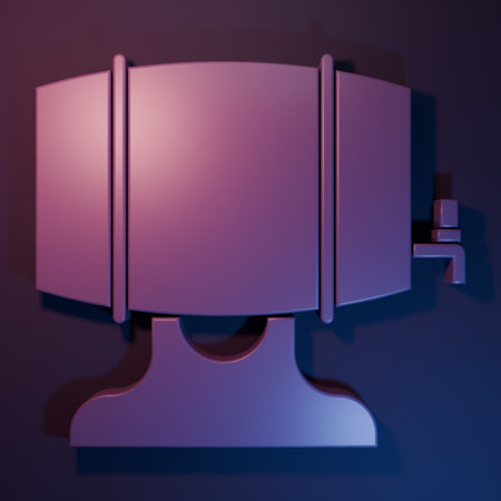 Purple Wooden barrel on rack with stopcock icon isolated on purple-blue background. Minimalism...