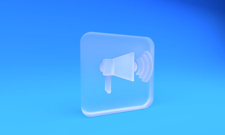 Frosted glass Megaphone icon isolated on blue background. Loud speech alert concept. Bullhorn for...