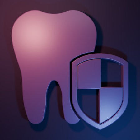 Purple Dental protection icon isolated on purple-blue background. Tooth on shield logo. Minimalism...
