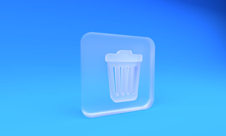 Frosted glass Trash can icon isolated on blue background. Garbage bin sign. Square frosted glass...