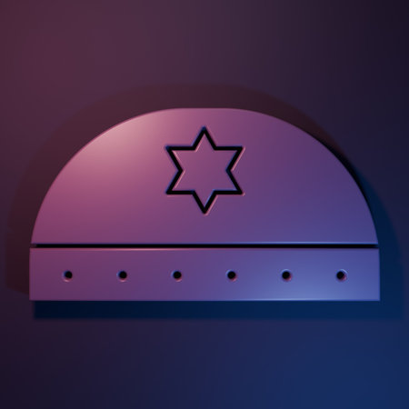 Purple Jewish kippah with star of david icon isolated on purple-blue background. Jewish yarmulke hat. Minimalism concept. 3D render illustration.の写真素材