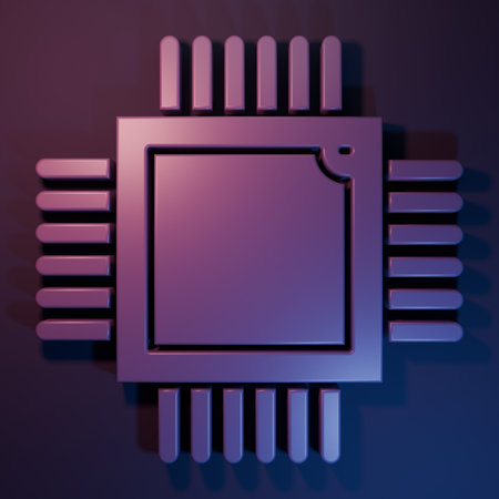 Purple Computer processor with microcircuits CPU icon isolated on purple-blue background. Chip or...