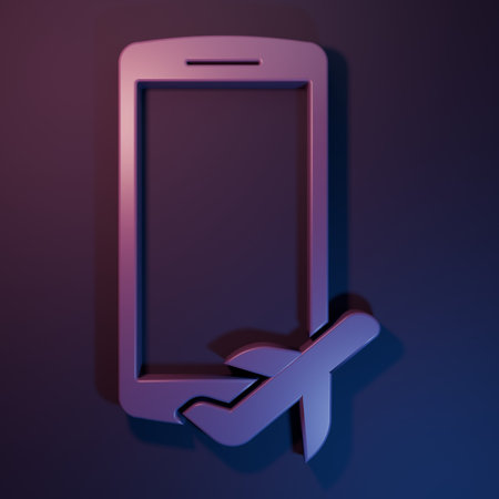 Purple Flight mode in the mobile phone icon isolated on purple-blue background. Airplane or...