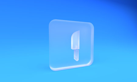 Frosted glass Knife icon isolated on blue background. Cutlery symbol. Square frosted glass button. 3D render illustration.の写真素材