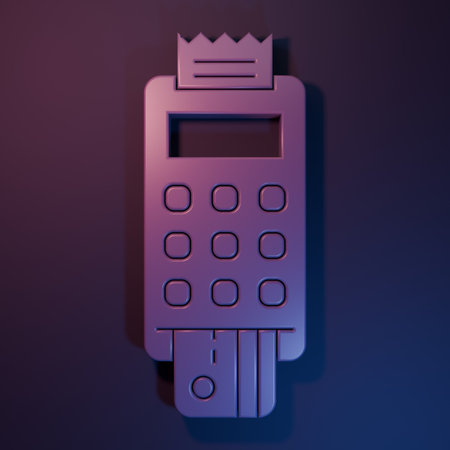 Purple POS terminal with inserted credit card and printed recipient icon isolated on purple-blue...