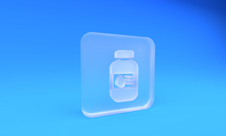 Frosted glass Printer ink bottle icon isolated on blue background. Square frosted glass button. 3D...