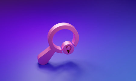 Pink Search location icon isolated on purple-blue background. Magnifying glass with pointer sign....