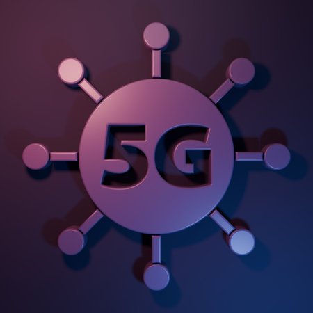 Purple 5G new wireless internet wifi connection icon isolated on purple-blue background. Global...