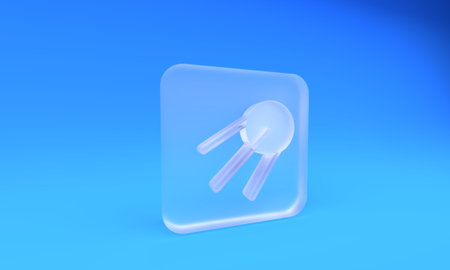 Frosted glass Satellite icon isolated on blue background. Square frosted glass button. 3D render illustration.の写真素材