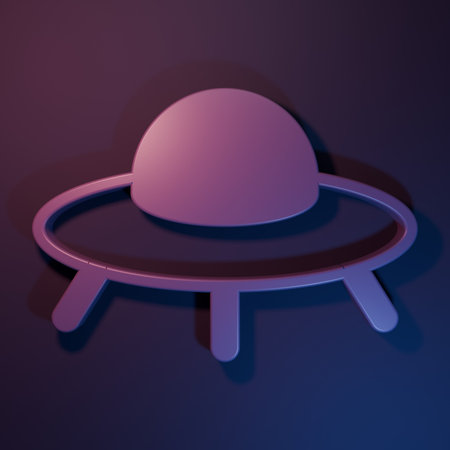 Purple UFO flying spaceship icon isolated on purple-blue background. Flying saucer. Alien space ship. Futuristic unknown flying object. Minimalism concept. 3D render illustration.の写真素材