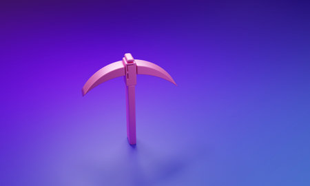 Pink Pickaxe icon isolated on purple-blue background. Minimalism concept. 3D render illustration.