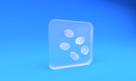 Frosted glass Coffee beans icon isolated on blue background. Square frosted glass button. 3D render...