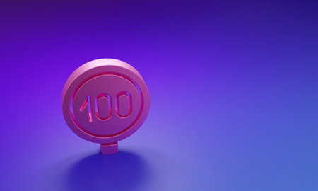 Pink Speed limit traffic sign 100 km icon isolated on purple-blue background. Minimalism concept. 3D...