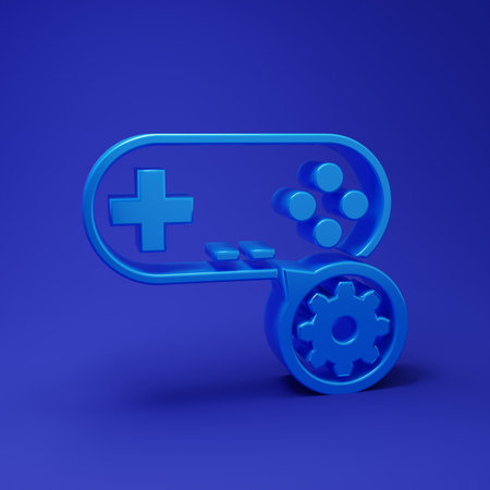 Blue Gamepad and gear icon isolated on blue background. Adjusting app, service concept, setting...