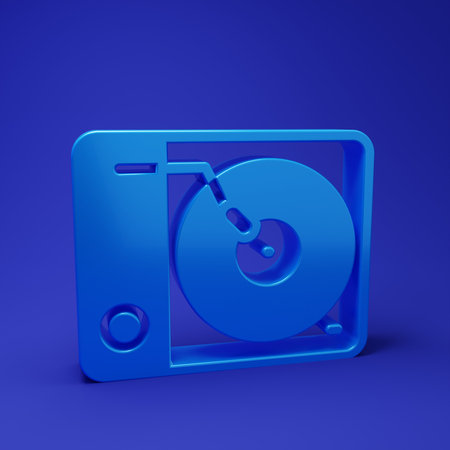 Blue Vinyl player with a vinyl disk icon isolated on blue background. Minimalism concept. 3D render illustration.の写真素材