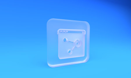 Frosted glass Browser window icon isolated on blue background. Square frosted glass button. 3D render illustration.の写真素材