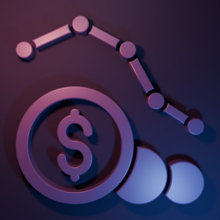 Purple Dollar rate decrease icon isolated on purple-blue background. Cost reduction. Money symbol with down arrow. Business lost crisis decrease. Minimalism concept. 3D render illustration.の写真素材
