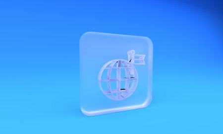 Frosted glass Planet with flag icon isolated on blue background. Victory, winning and conquer adversity concept. Square frosted glass button. 3D render illustration.の写真素材