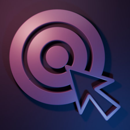 Purple Target with arrow icon isolated on purple-blue background. Dart board sign. Archery board icon. Dartboard sign. Business goal concept. Minimalism concept. 3D render illustration.の写真素材