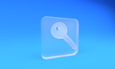 Frosted glass Key icon isolated on blue background. Square frosted glass button. 3D render illustration.の写真素材