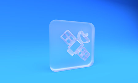 Frosted glass Satellite icon isolated on blue background. Square frosted glass button. 3D render illustration.の写真素材