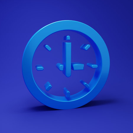 Blue Clock icon isolated on blue background. Time symbol. Minimalism concept. 3D render...