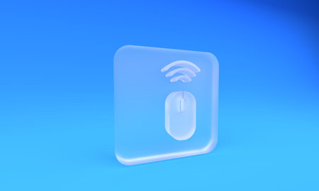 Frosted glass Wireless computer mouse system icon isolated on blue background. Internet of things concept with wireless connection. Square frosted glass button. 3D render illustration.の写真素材