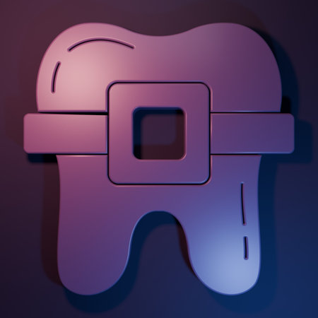 Purple Teeth with braces icon isolated on purple-blue background. Alignment of bite of teeth, dental...