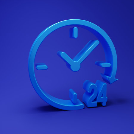 Blue Clock 24 hours icon isolated on blue background. All day cyclic icon. 24 hours service symbol....
