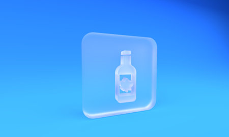 Frosted glass Beer bottle icon isolated on blue background. Square frosted glass button. 3D render...