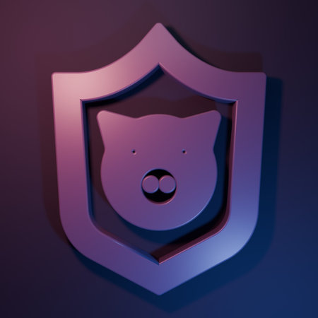 Purple Shield with pig icon isolated on purple-blue background. Animal symbol. Minimalism concept....