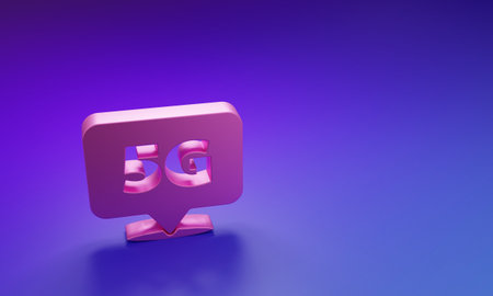 Pink Location 5G new wireless internet wifi connection icon isolated on purple-blue background....