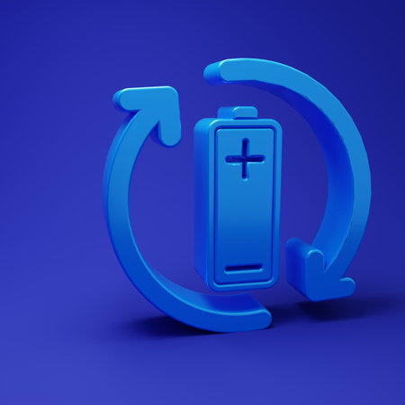 Blue Battery with recycle symbol line icon isolated on blue background. Battery with recycling...