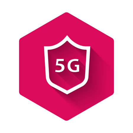 White Protective shield 5G wireless internet wifi icon isolated with long shadow. Global network...
