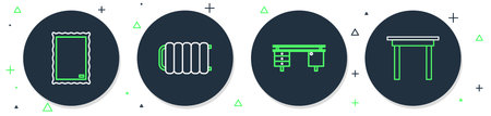 Set line Heating radiator Office desk Picture and Wooden table icon. Vector.のイラスト素材
