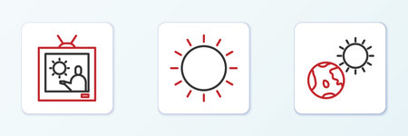 Set line Earth globe and sun Weather forecast and Sun icon. Vector.