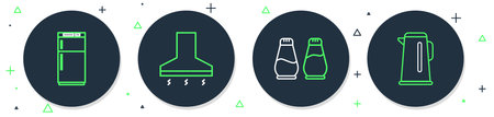 Set line Kitchen extractor fan Salt and pepper Refrigerator and Kettle with handle icon. Vector.