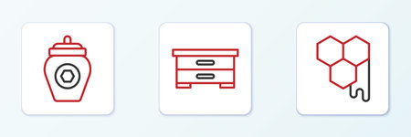 Set line Honeycomb Jar of honey and Hive for bees icon. Vector.