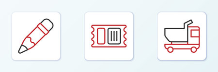 Set line Toy truck Pencil with eraser and Circus ticket icon. Vector.