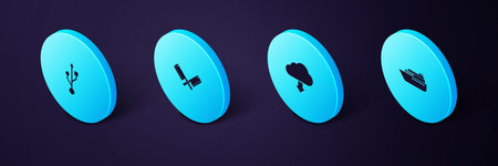 Set Isometric Ship, Cloud download, Crossed meat chopper and USB icon. Vector.