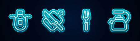 Set line Kitchen apron Cutting board and knife Barbecue fork and Kettle with handle. Glowing neon icon. Vector.のイラスト素材