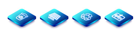 Set Isometric line Recycle bin with recycle, Solar energy panel, symbol and Signed document icon....