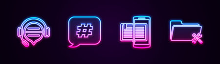 Set line Headphones with speech bubble chat, Hashtag, Smartphone and book and Folder service. Glowing neon icon. Vector.のイラスト素材