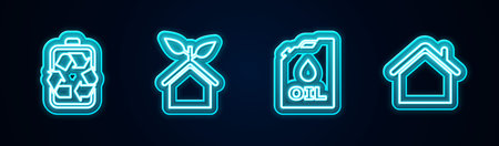 Set line Battery with recycle, Eco friendly house, Canister machine oil and House. Glowing neon icon. Vector.のイラスト素材