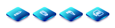 Set Isometric line Diving knife, Flashlight for diver, Fishing harpoon and Scallop sea shell icon....
