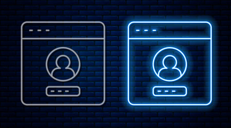 Glowing neon line Create account screen icon isolated on brick wall background. Vector.のイラスト素材