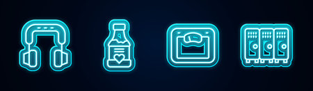 Set line Headphones, Vitamins, Bathroom scales and Locker or changing. Glowing neon icon. Vector.のイラスト素材